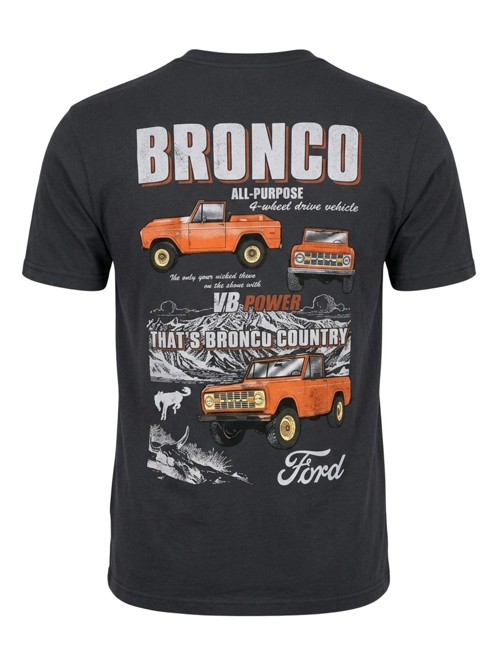 Ford Bronco Graphic Tee Double-sided Black with Orange and White Prints Size L